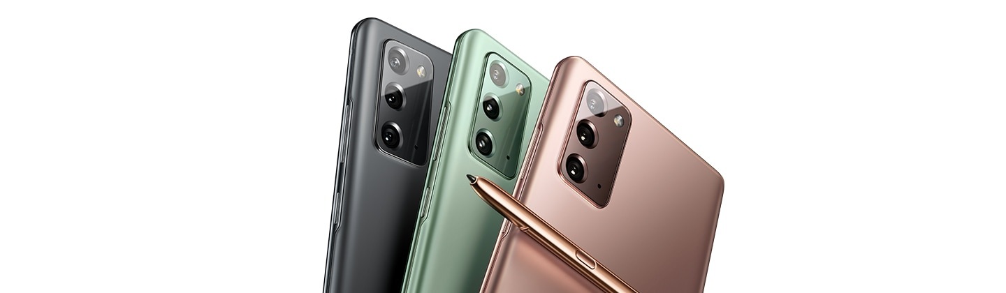 Three Galaxy Note20 phones seen from the rear, in Mystic Grey, Mystic Green, and Mystic Bronze. The Mystic Bronze phone has the matching S Pen leaning against the back.