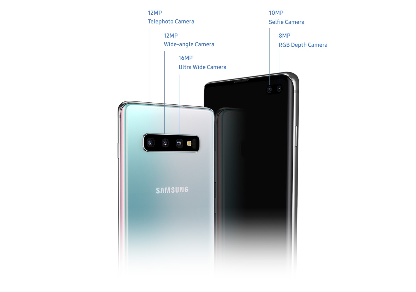 Two Galaxy S10 plus phones. One phone is seen from the back, showing the triple rear camera including 12MP Telephoto Camera, 12MP Wide-angle Camera and 16MP Ultra Wide Camera. The other phone is seen from the front, showing the dual front camera including 10MP Selfie Camera and 8MP Depth Camera.