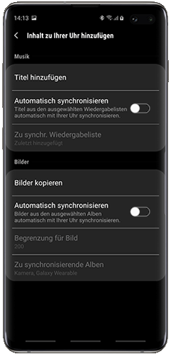 Tippen Sie auf Automatisch synchronisieren, um Bilder vom Smartphone automatisch auf die Galaxy Watch Active zu importieren.