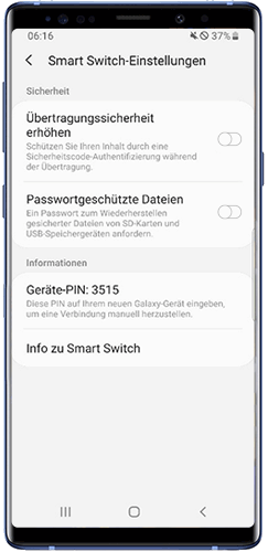 Aktivieren Sie Passwortgeschützte Dateien zur Übertragung der Daten Ihres Galaxy Smartphones per Smart Switch.