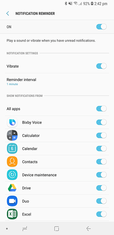 Use the toggle to switch Notification Reminder ON (in blue) or OFF (in grey)