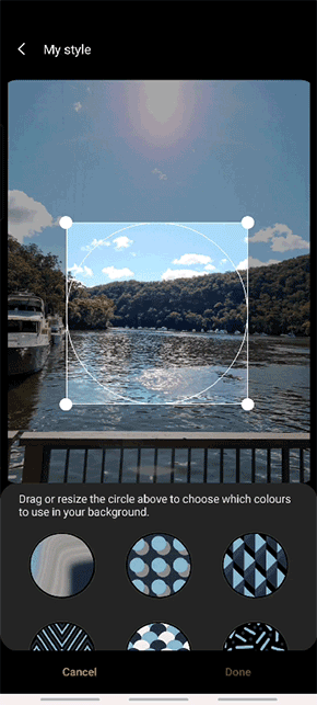Drag or resize the circle to choose which colours to use in the background then scroll down and select your preferred pattern