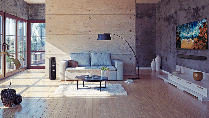 An animated scene that a wavelength coming out of the speaker located on the right side after wavelength coming out of the speaker located on the left side of the living room.