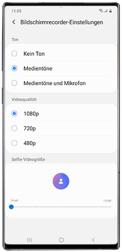 Die Bildschirmrecorder-Einstellungen des Galaxy Note10+ werden angezeigt.
