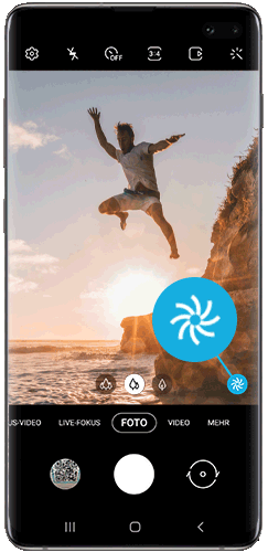 Das Szenenoptimierung-Symbol wird in der Kamera-App des Galaxy S10+ angezeigt.