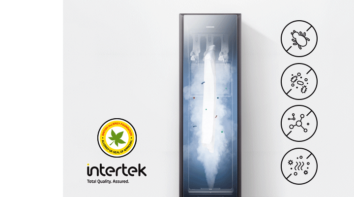 Certificato da Intertek, Samsung AirDresser rinfresca i capi utilizzando la tecnologia Jet Steam per rimuovere virus e cattivi odori dagli indumenti. Jet Steam