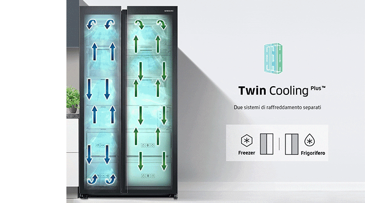 Il frigorifero Samsung con tecnologia Twin Cooling Plus preserva la freschezza degli alimenti per una dieta più sana. Twin Cooling Plus™v
