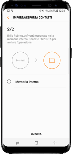 Scegliere se esportare o importare il file vcf nella memoria interna