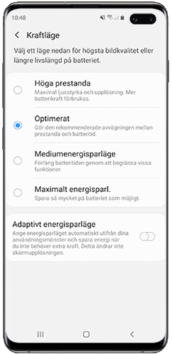 Dra reglaget Adaptivt energisparläge för att aktivera
