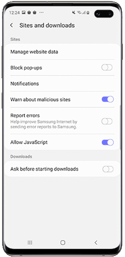 Tap the switch to activate Block pop-ups