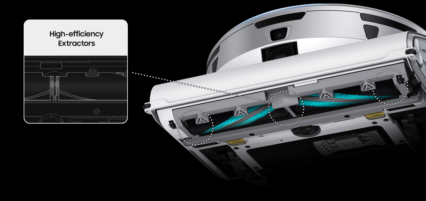 A bottom of JetBot shows High-efficiency brush and a close-up of its extractors shows cutting hairs finely to avoid tangles.
