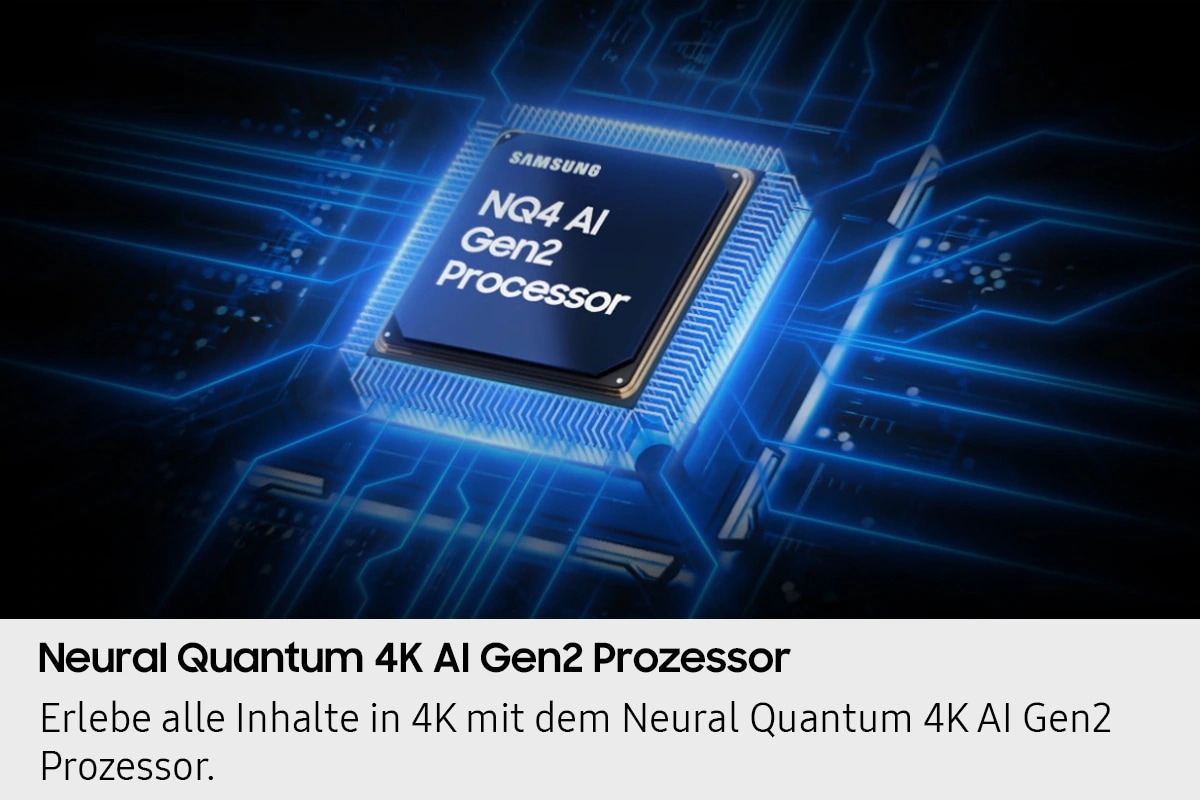 Der Samsung NQ4 AI Gen2 Prozessorchip befindet sich auf der Hauptplatine des Fernsehers und leuchtet auf, während Stromwellen vom Chip zum Rest des Fernsehers fließen.