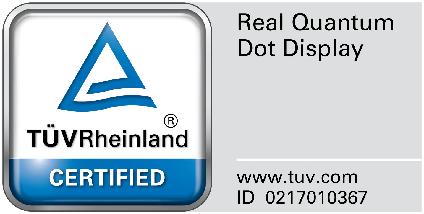 TÜVRheinland® Certified Real Quantum Dot Display www.tuv.com ID 0217010367 logo.