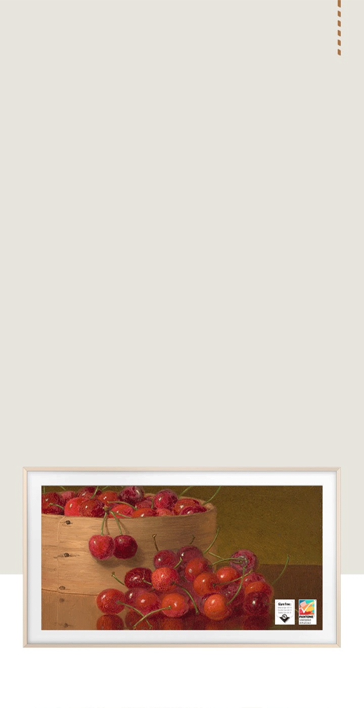 The Frame TV shows a painting of cherries with the PANTONE Validated certification stamp and a glare-free certified logo that Reflection Glare UGR < 10 Discomfort Glare UGR < 22 Disability Glare UGR < 34 is on the lower right side.