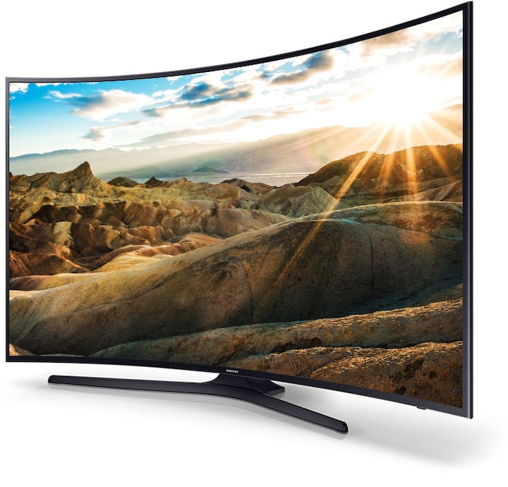 A Right perspective angle of samsung uhd TV with bright landscape onscreen image.