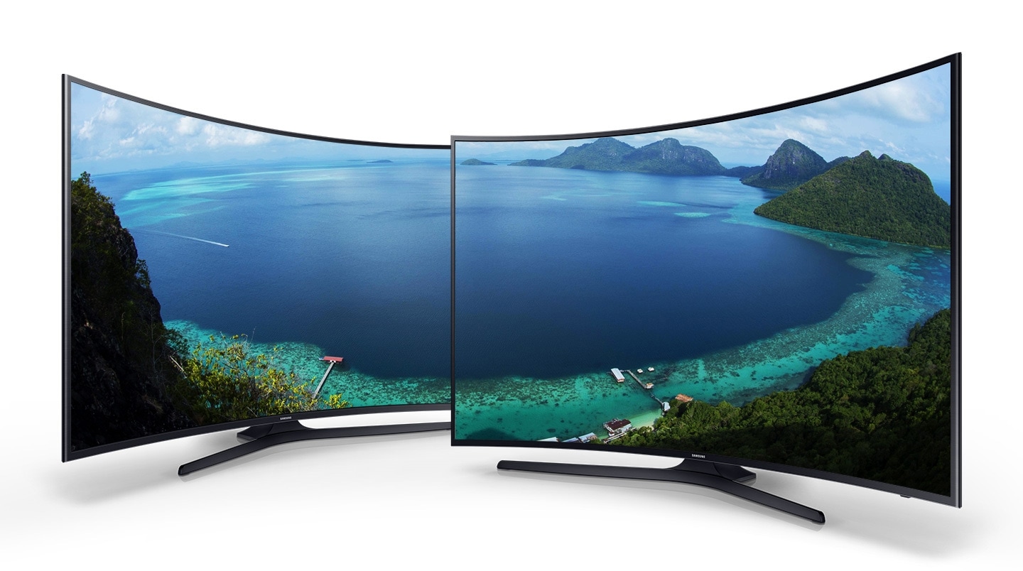 Two curved Samsung TV with beautiful land scape onscreen image.