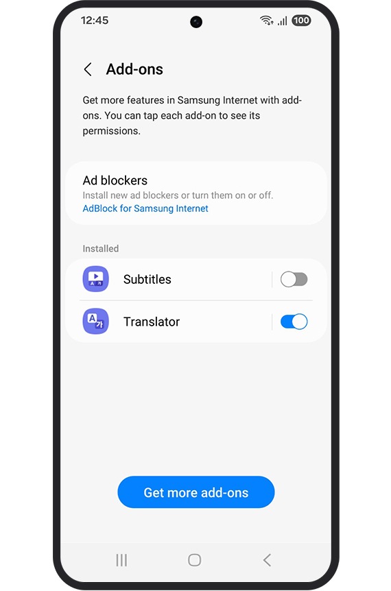 Se muestra la interfaz de usuario de complementos de extensión de Samsung Internet.