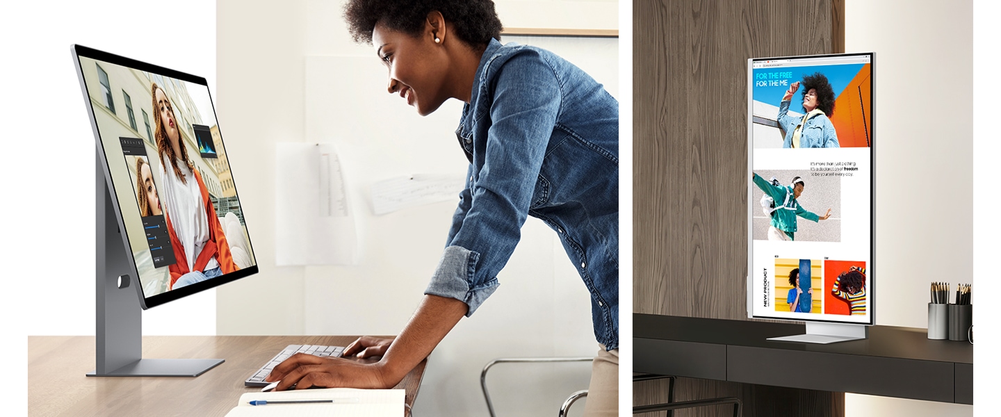 Eğimli monitörde çalışan bir kadın gösteriliyor. Başka bir monitör ise dönüyor ve ekran uzuyor. Monitör tekrar dönüyor ve stant alçalıyor.