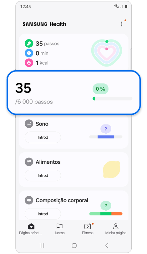 Ecrã inicial da aplicação Samsung Health.
