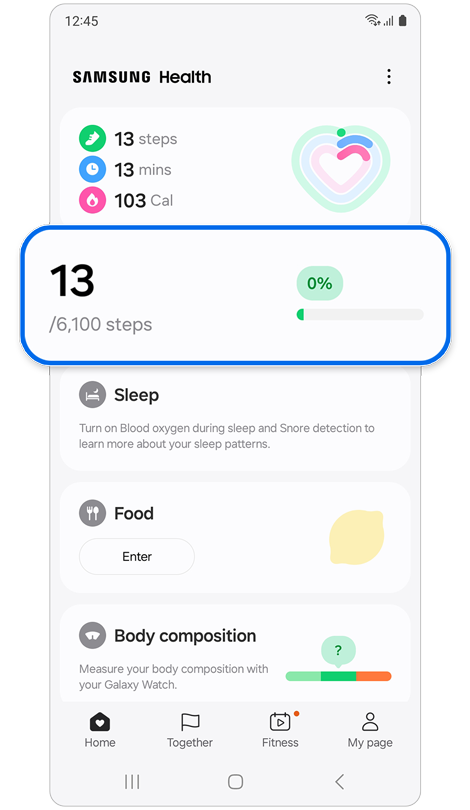 Samsung Health အက်ပ်ပင်မမျက်နှာပြင်။