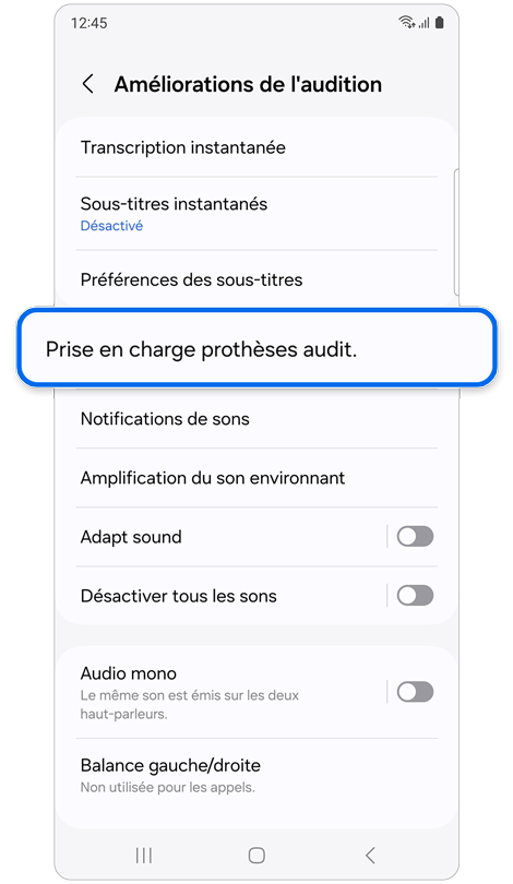 Écran d'accueil du menu des améliorations de l’audition d’un Samsung Galaxy
