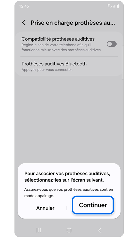 Écran d'accueil du menu de prise en charge prothèses auditives d’un Samsung Galaxy affichant une fenêtre contextuelle pour établir une connexion Bluetooth