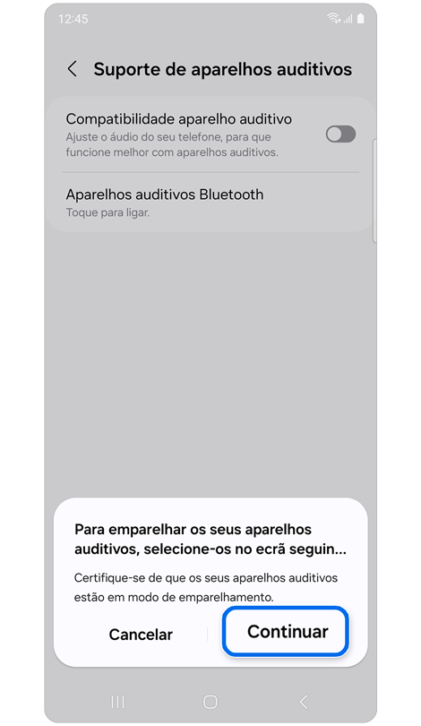 Janela pop-up com instruções de emparelhamento de aparelhos auditivos