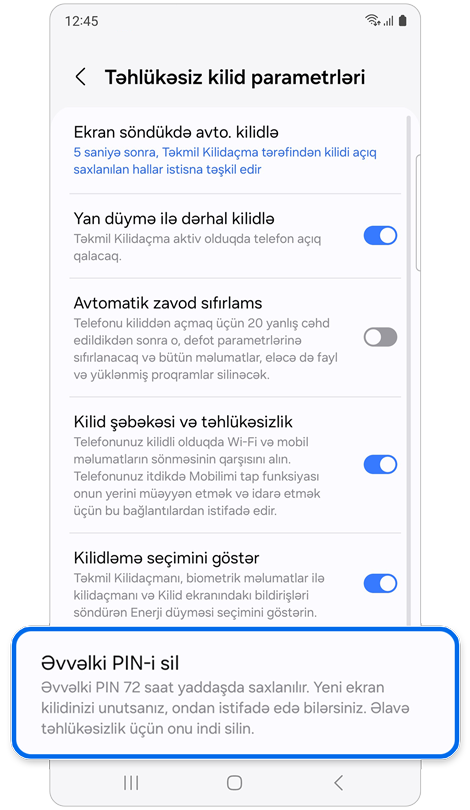 Təhlükəsiz kilid parametrləri ekranı.