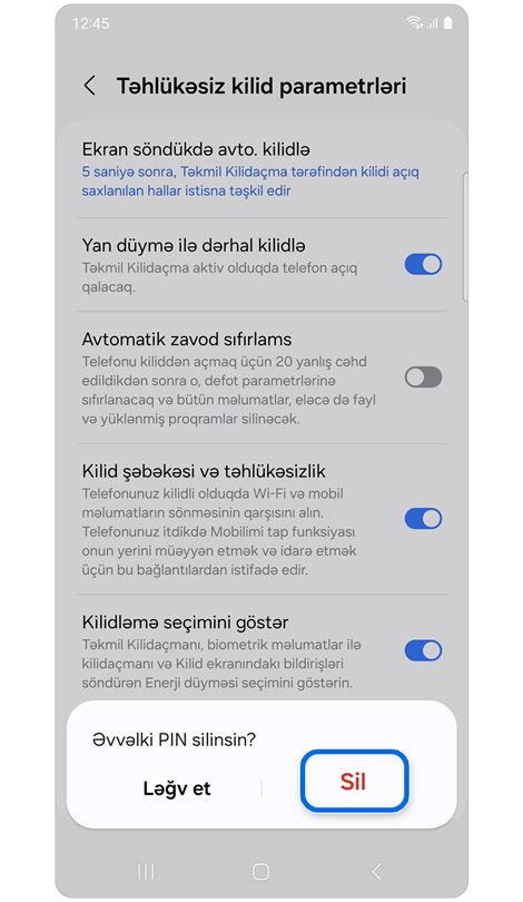 Əvvəlki ekran kilidi modelini silmək seçimi ilə popup pəncərəsi.