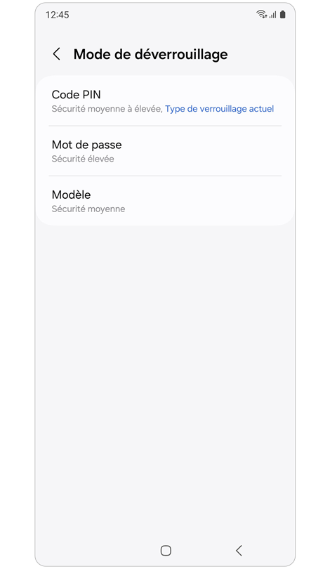 Écran de sélection d’un type de verrouillage d'écran