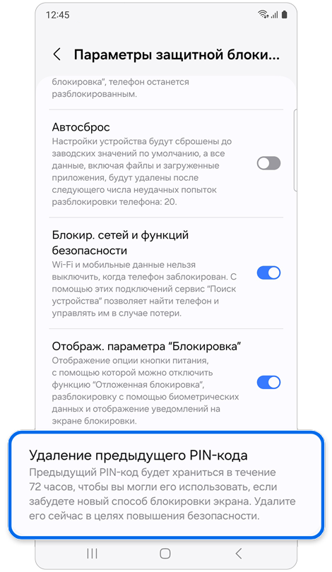 Экран Параметры защитной блокировки.