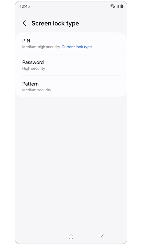 Screen containing screen lock types.