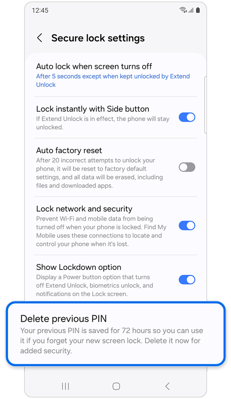 Secure lock settings screen.
