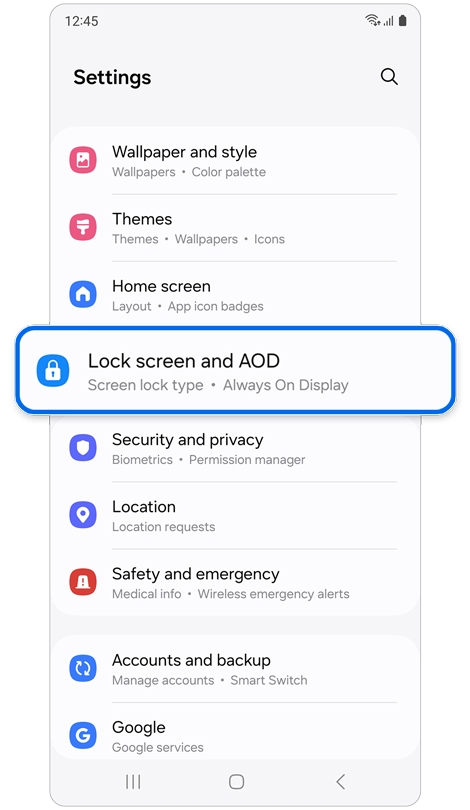 Settings home screen