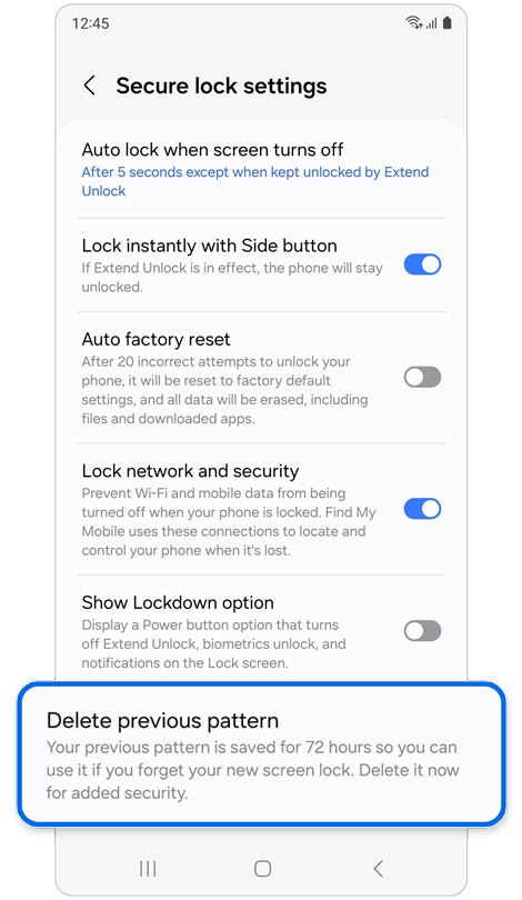 Secure lock settings screen.