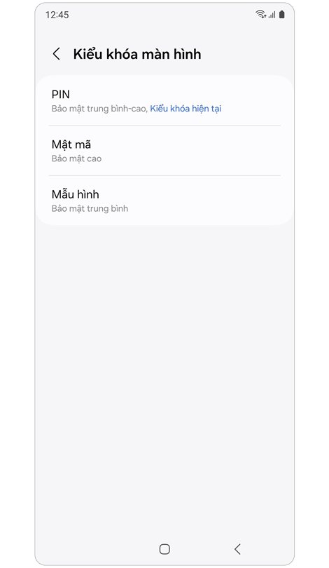 Màn hình chứa các kiểu khóa màn hình.