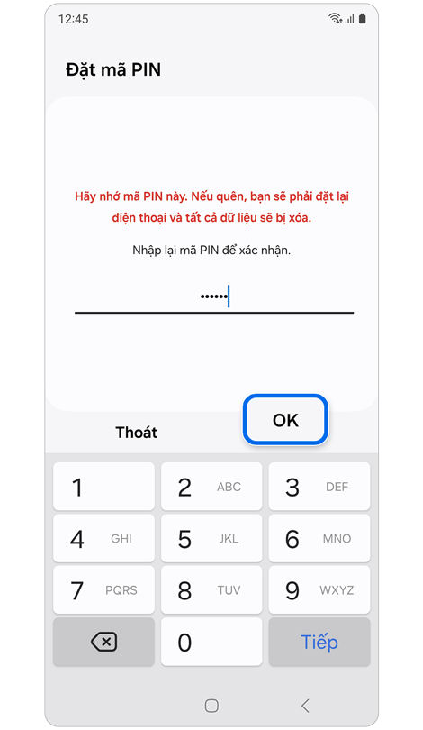 Màn hình xác minh mã PIN, mật khẩu hoặc mẫu hình mới.