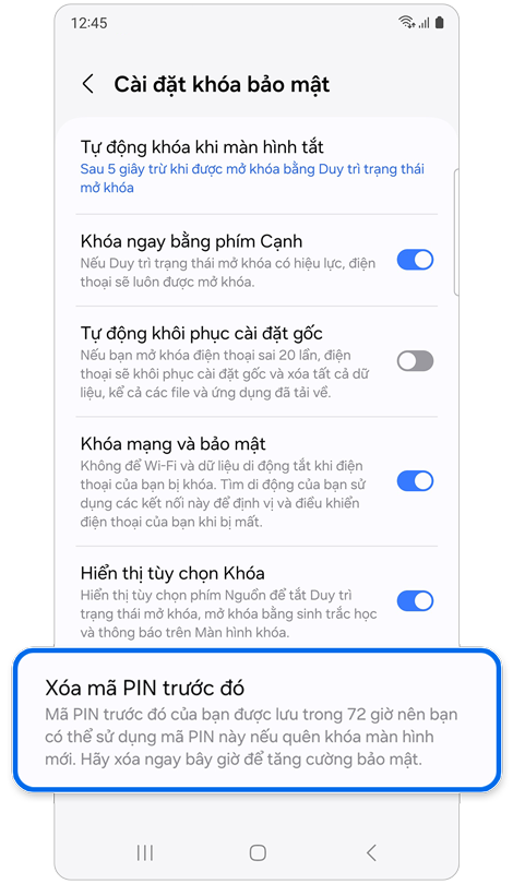 Màn hình Cài đặt khóa bảo mật.