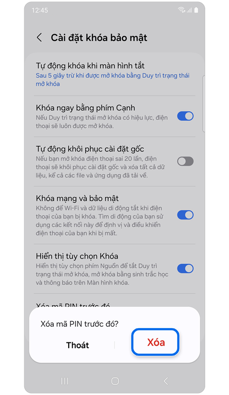 Cửa sổ bật lên với tùy chọn xóa mẫu hình khóa màn hình trước đó.