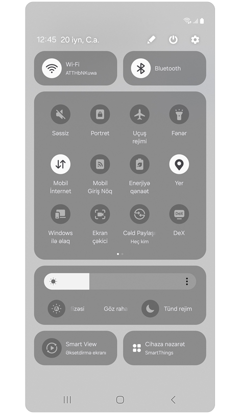 Sürətli parametrlər paneli.
