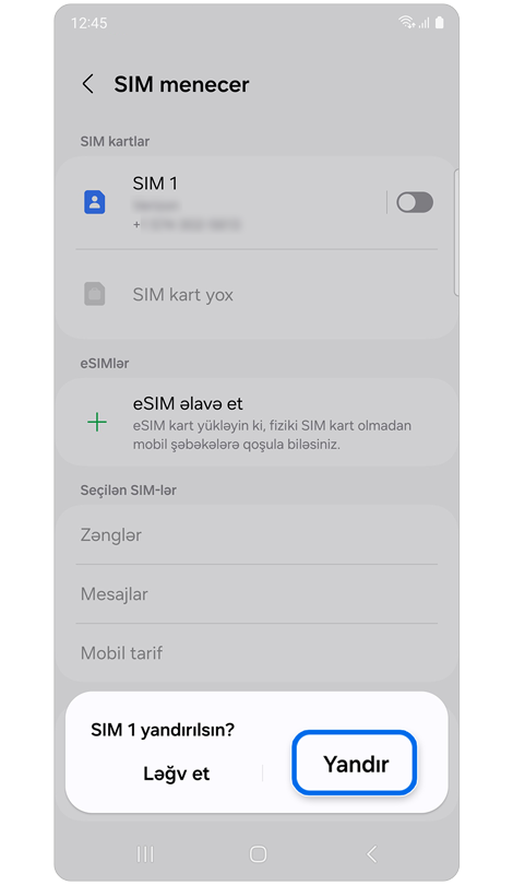 SİM 1-i yandırmaq istəyən pop-up pəncərə.