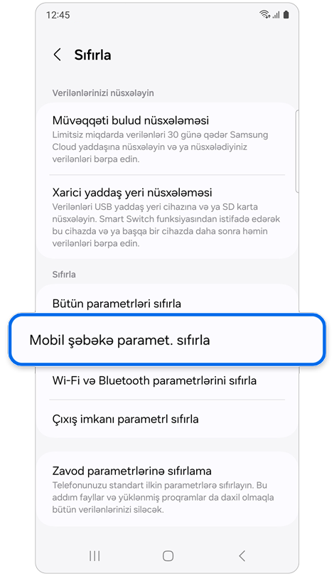 Parametrləri Sıfırla ekranı.