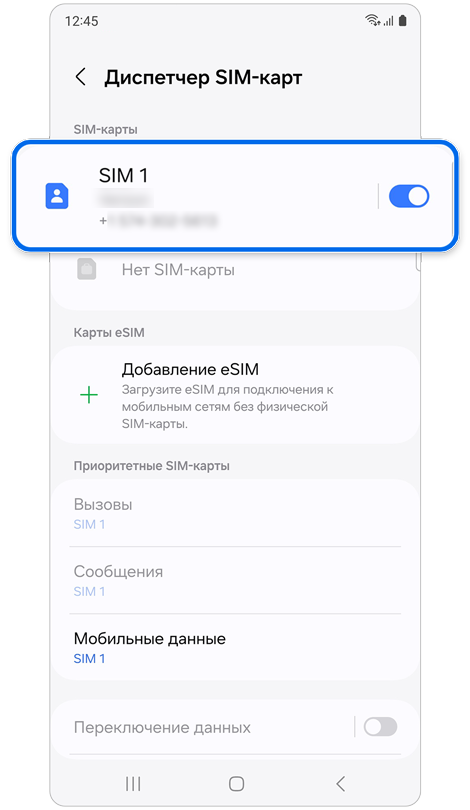 Экран диспетчера SIM-карт.
