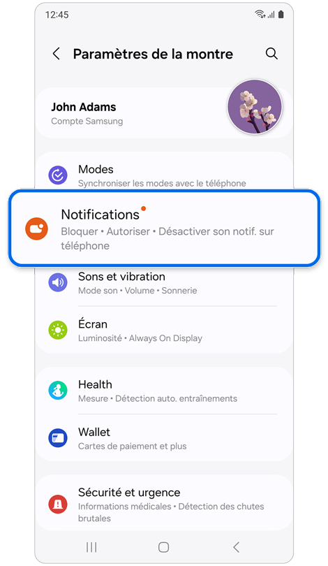 Écran d'accueil des paramètres de la montre