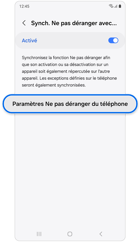Écran du menu synchroniser Ne pas déranger avec le téléphone
