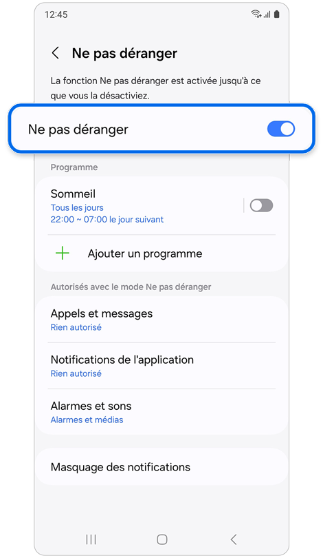 Écran du menu Ne pas déranger