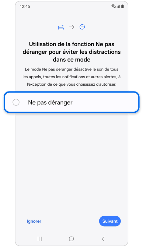 Écran de la fonction Ne pas déranger du mode Sommeil