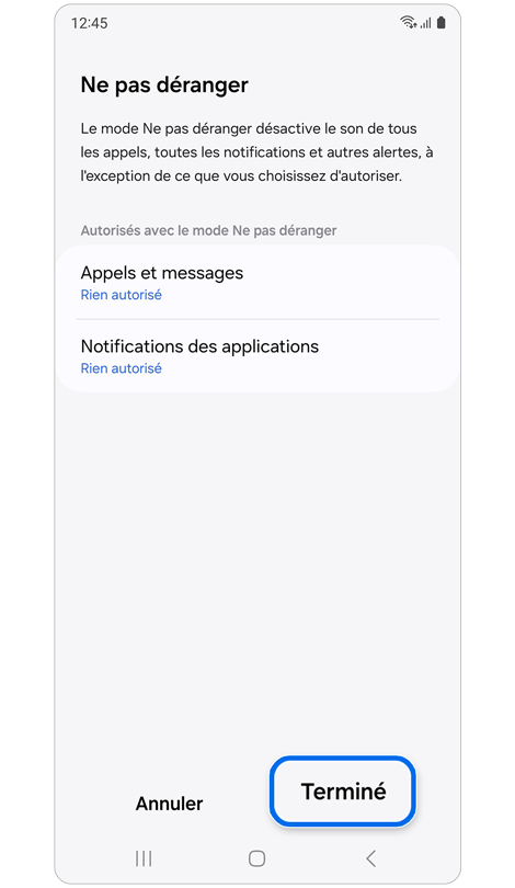 Écran du menu de la fonction Ne pas déranger du mode Sommeil