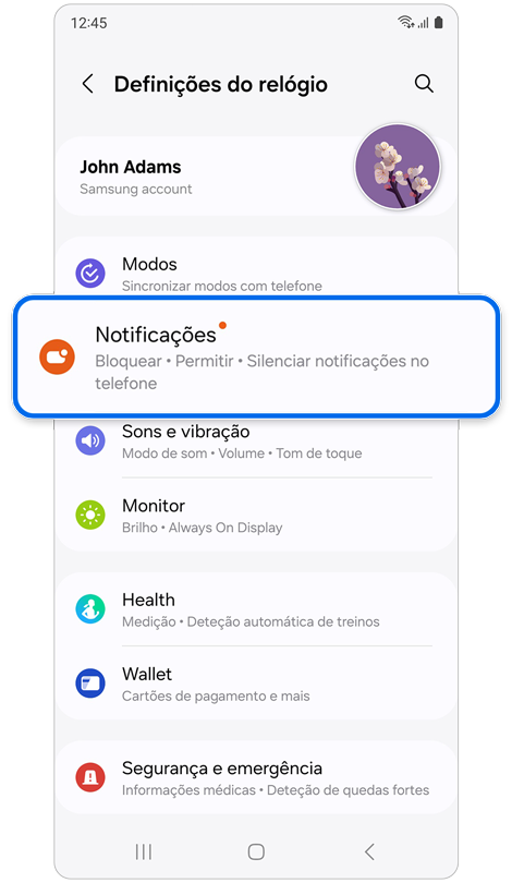 Ecrã inicial Definições do relógio.
