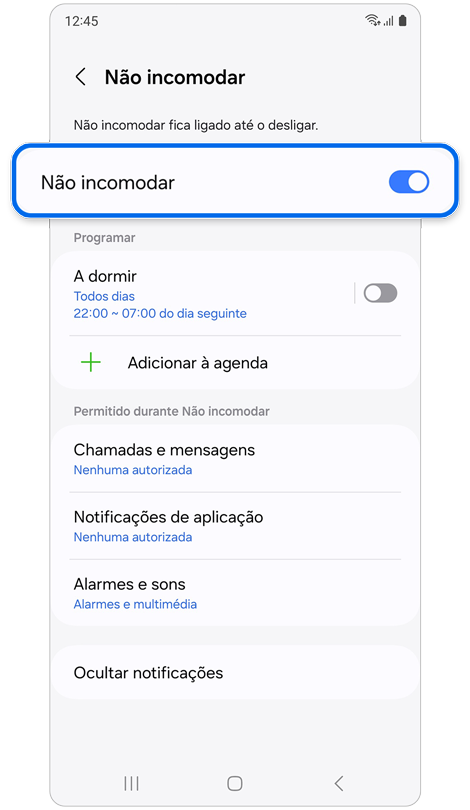 Ecrã de definições "Não incomodar".
